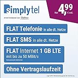 Handyvertrag simplyTEL LTE 1000 - ohne Vertragslaufzeit (FLAT Internet 1 GB LTE mit max. 50 MBit/s mit deaktivierbarer Datenautomatik, FLAT Telefonie, FLAT SMS und EU-Ausland, 4,99 Euro/Monat)