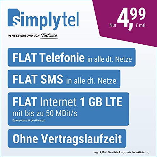 Handyvertrag simplyTEL LTE 1000 - ohne Vertragslaufzeit (FLAT Internet 1 GB LTE mit max. 50 MBit/s mit deaktivierbarer Datenautomatik, FLAT Telefonie, FLAT SMS und EU-Ausland, 4,99 Euro/Monat)