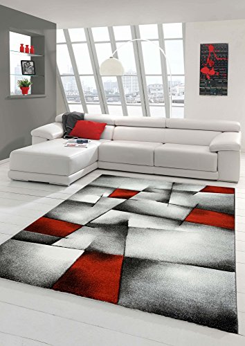 Teppich-Traum Designer Teppich Moderner Teppich Wohnzimmer Teppich Kurzflor Teppich mit Konturenschnitt Karo Muster Rot Grau Weiß Schwarz Größe 160x230 cm