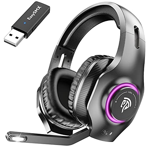 EasySMX Wireless Gaming Headset PC, 2.4G Wireless Headset für PS4, 7.1 Surround Sound Deep Bass Over-Ear Gaming Headphones mit Mikrofon RGB, Noise Cancellation, Volume Control für PC, MAC, PS4, PS5