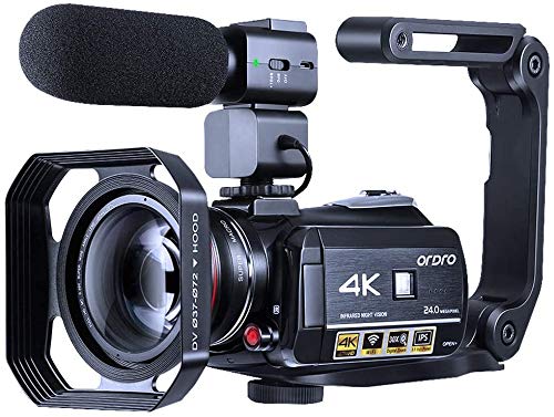 ORDRO Videokamera, 4K Camcorder, WiFi, Ultra-HD, Vlog-Kamera für YouTube, IR-Nachtsicht, Videorecorder mit Mikrofon, Weitwinkelobjektiv, Gegenlichtblende, 2 Batterien