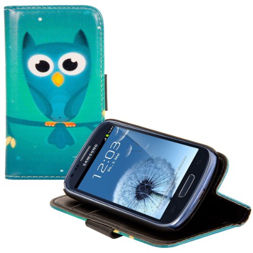kwmobile Wallet Case kompatibel mit Samsung Galaxy S3 Mini i8190 - Hülle mit Ständer Kartenfächer Eule Nacht Blau Türkis