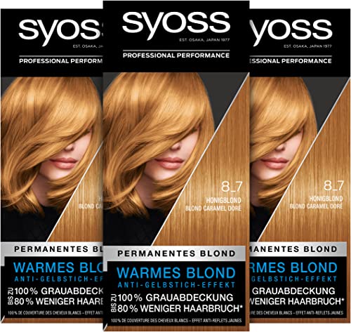 Syoss Color Coloration 8_7 Honigblond Stufe 3 (3 x 115 ml), permanente Coloration für bis zu 10 Wochen Farbintensität und 70 % weniger Haarbruch*
