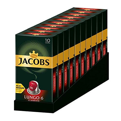 Jacobs Kapseln Lungo Classico, Intensität 6, 100 Nespresso®* kompatible Kaffeekapseln, 10er Pack, 10 x 10 Getränke
