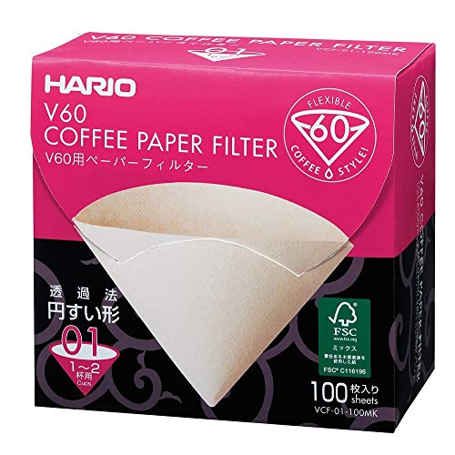 Papier-Kaffeefilter V60 von Hario 100 Stück, im Karton Size 01 Natürlich, ohne Tabs