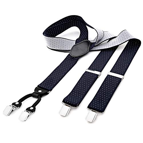 DonDon® Herren Hosenträger breit 3,5 cm – 4 Clips mit Leder in Y-Form – elastisch und längenverstellbar gepunktet in blau weiß