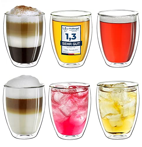 Creano doppelwandige Cappuccinotassen 250ml „DG-Hoch“, 6er Set, großes Thermoglas doppelwandig aus Borosilikatglas, Kaffee, Tee, Latte Macchiato Gläser