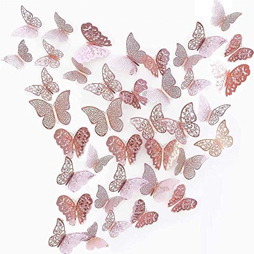 beihuazi® 3D Schmetterlinge Deko Wand Wandsticker Aufkleber Wandtattoo für Wohnzimmer Kinderzimmer Türen Fenster Badezimmer Kühlschrank(36 Stück Roségold)