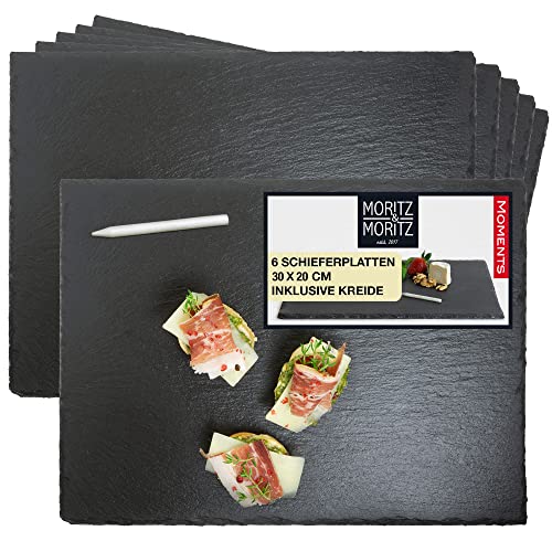 Moritz & Moritz 6 x Schieferplatten 20 x 30 cm mit Kreidestift - Schieferplatte fürs Buffet, Sushi und Käse - Servierplatte Schwarz