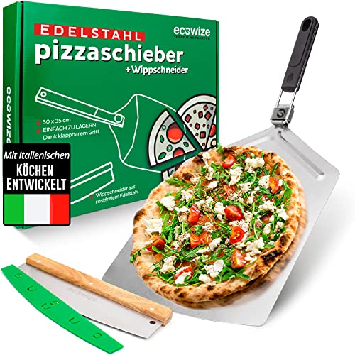 Ecowize Professioneller Pizzaschieber Edelstahl - Pizza Schaufel XXL mit klappbarem Griff - Pizzaschaufel Edelstahl Extra GROß - 61cm x 34cm - Pizzawender Edelstahl - Top Verarbeitung