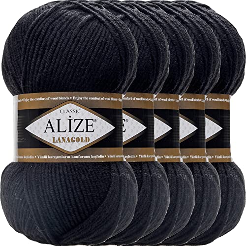 Alize 5x 100g Lanagold Classic Türkische Premium Wolle Baumwolle und Acryl Uni Handstrickgarne | Yarn | Garn | Strickgarn Einfarbig Baby zum Häkeln Stricken Kleidung Schals (Black | 60)