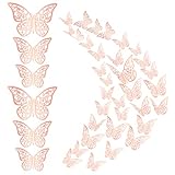3D DIY Höhlen Heraus Schmetterling Abziehbilders, 36 Stück Abnehmbar Schmetterlinge Wandaufkleber, Wanddeko Dekorationen 3 Größen zum Aufkleben Wandaufkleber für die Wand, Zimmer, Hochzeit (Roségold)