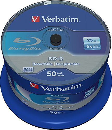 Verbatim BD-R SL Datalife Blu-ray Rohlinge, 25 GB, Blu-ray-Disc mit 6-facher Schreibgeschwindigkeit, mit Kratzschutz, Blu-ray-Disks für Video- und Audiodateien, 50er-Pack Spindel