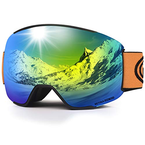 LEMEGO Skibrille Ski-Goggle Snowboardbrille Doppel-Sphärisch Linse OTG UV-Schutz Anti-Fog Helmkompatible Schneebrille Verspiegelt mit Magnet-Wechselsystem Brille für Brillenträger Herren Damen (Gold)