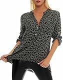 Malito – Unisize Damen Bluse mit Leopardenmuster & ¾ Ärmeln – Animal Print Tunika mit Leo Muster – Elegante Oversize Schlupfbluse 6702 (Oliv | Größe 34-42)