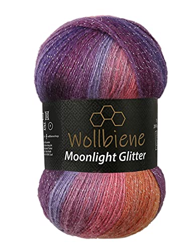 Moonlight Glitter Batik Simli 100g Strickwolle Wolle zum Stricken und Häkeln 20% Wolle Metallic-Wolle türkische Wolle Farbverlaufswolle Glitzerwolle (5600 lila beere orange)