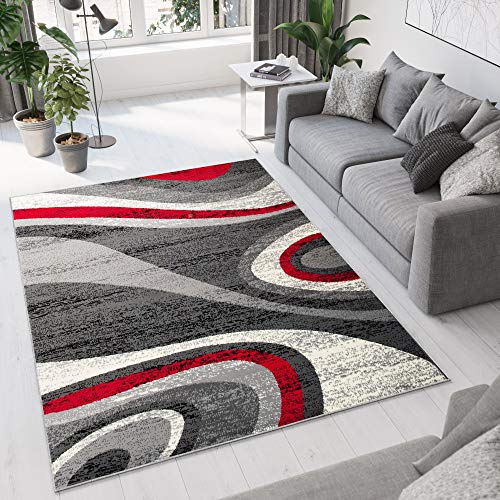 TAPISO Dream Teppich Wohnzimmer Kurzflor Modern Grau Rot Creme Wellen Streifen Meliert Verwischt Schlafzimmer Esszimmer ÖKOTEX 200 x 300 cm