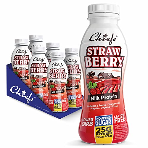 Chiefs Milk Protein Drink mit 25g Protein und BCAA • High Protein Shake low carb, laktosefrei, zuckerarm • 6 x 330ml Strawberry