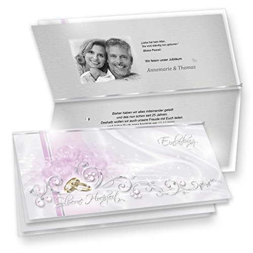 Feine Einladungskarten Silberne Hochzeit 20 Sets - fein abgestimmte Einladungskarten in Silberoptik
