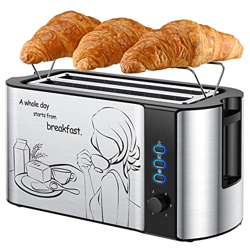 Puroso Toaster Langschlitz, 4 Scheiben Brötchenaufsatz für Toaster, Auftau- & Aufwärmfunktion, 6 Bräunungsstufen Edelstahl, Brotzentrierung 2 Scheiben, Krümelschublade 1500W