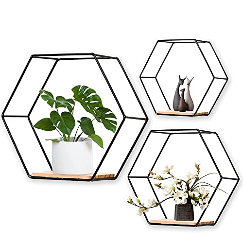 3er Set Metall Hexagon Wandregal, Europäische Hexagon geometrische Linie Design Wand Wand Regal mit Holzregalen, für Wohnung, Arbeitszimmer, Schlafzimmer, Wohnzimmer, Flur (schwarz)