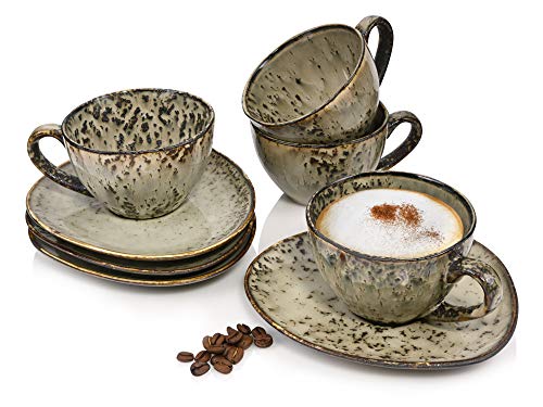 Sänger | Kaffeetassen Set Pompei mit Untertassen, 8-teiliges Tassen Set aus Steingut, Einzigartiges Vintage-Design