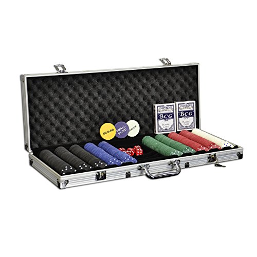 Nexos Pokerkoffer Starter-Poker-Set mit 500 Poker-Chips im Alu Koffer mit 2 Schlüssel Silber inkl. 2 Kartendecks 1 Dealer Button 5 Würfel