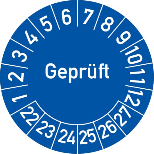 Geprüft Prüfplakette, 250 Stück, in verschiedenen Farben und Größen, Prüfetikett Prüfsiegel Plakette (30 mm Ø, Blau)