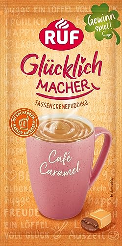 RUF Glücklichmacher Tassenpudding Café Caramel, Cremepudding für schnelle Desserts, Tassencremepudding, nur Wasser hinzufügen, 1 x 59g Beutel