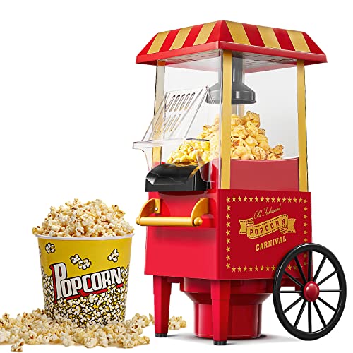 HOUSNAT Popcornmaschine, Retro Aktualisierte Popcorn Maschine, Heissluft 1200W Popcorn Maker für Zuhause, Gesund & Kalorien-Frei, Eine Tastenbedienung & Einfach zu Säubern, Filmabend & Weihnachten