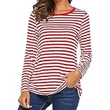 YEBIRAL Damen Pulli Langarmshirt Basic T-Shirt mit Streifen Rundhals Ausschnitt Casual Lose Hemd Pullover Oberteil Sweatshirt Bluse Tops(L,Rot)