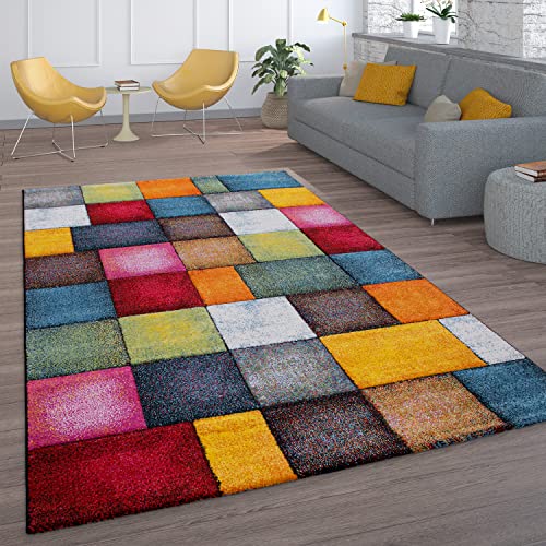 Kurzflor Wohnzimmer Teppich Bunt Karo Design Vierecke Mehrfarbig Farbenfroh, Grösse:80x150 cm