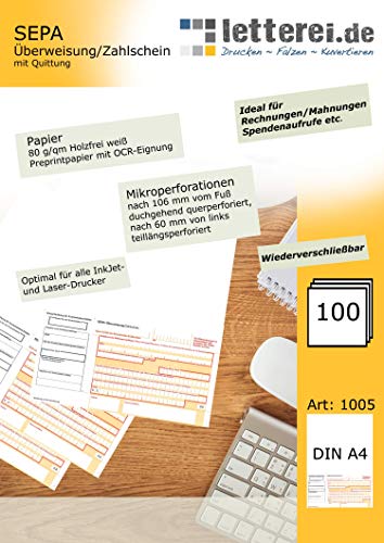 SEPA-Überweisung/-Zahlschein mit Quittung, 100 Blatt A4, unteres 1/3 mikroperforiert, inkl. € 10,- Gutschein für onlinebrief24.de