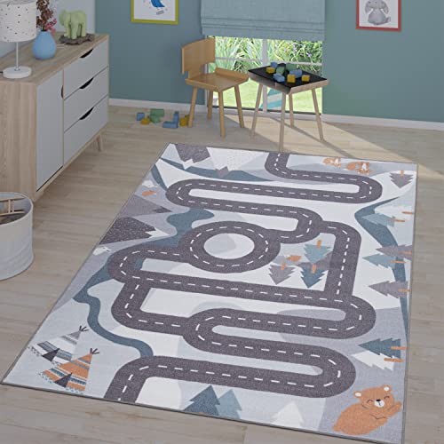 TT Home Kinderzimmerteppich Spielteppich Teppich Junge Mädchen Kinderteppich Haus Autos Straße, Farbe: Creme, Größe:80x150 cm