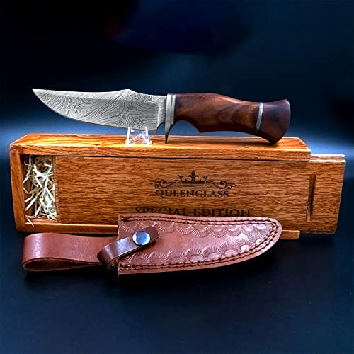 QueenClass Gürtelmesser/Jagdmesser Special Edition,372 Schichten handgeschmiedetes Damast Messer mit Rindsleder Scheide in Holzbox