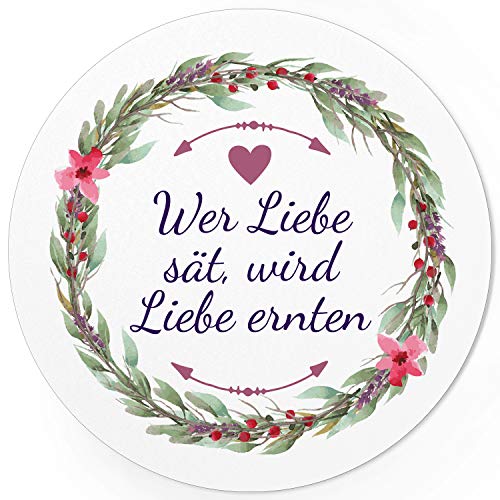 24 runde Design Etiketten - Wer Liebe sät, wird Liebe ernten - Aufkleber für Gastgeschenke - Motiv: Blumenkranz Aquarell mit Herz rosa lila