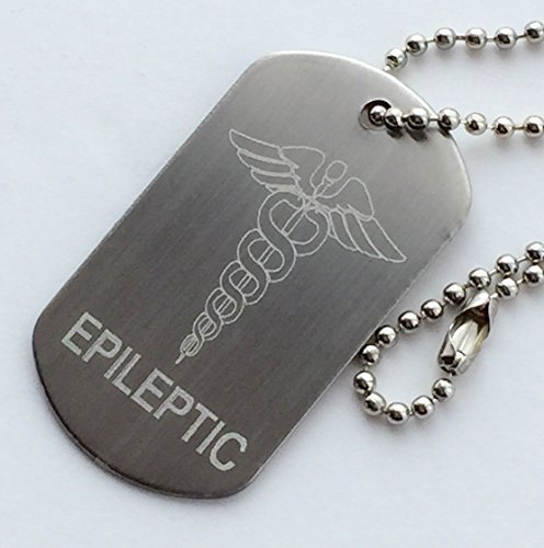 Plakette / Erkennungszeichen „Epileptic“ - Notfallausweis aus Edelstahl und Kette + Button (T36)