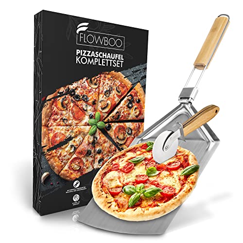 Flowboo Pizzaschieber Edelstahl | Pizza Set mit XXL Pizzaschaufel & Schneideroller | Pizza Schieber für Grill & Ofen mit faltbarem Bambusgriff | Pizzawender für Pizzen bis 32cm | Pizza Zubehör