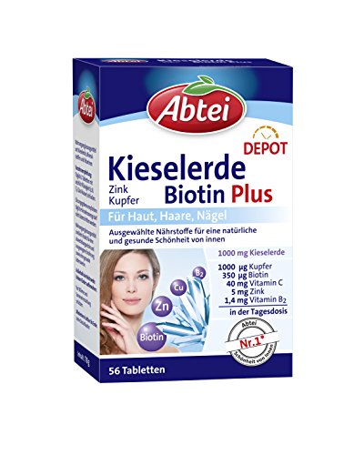 Abtei Kieselerde Biotin Plus – hochdosiertes Nahrungsergänzungsmittel mit Zink für gesunde und schöne Haut, Haare und Nägel – Depot-Technologie mit Langzeiteffekt – 1x 56 Tabletten