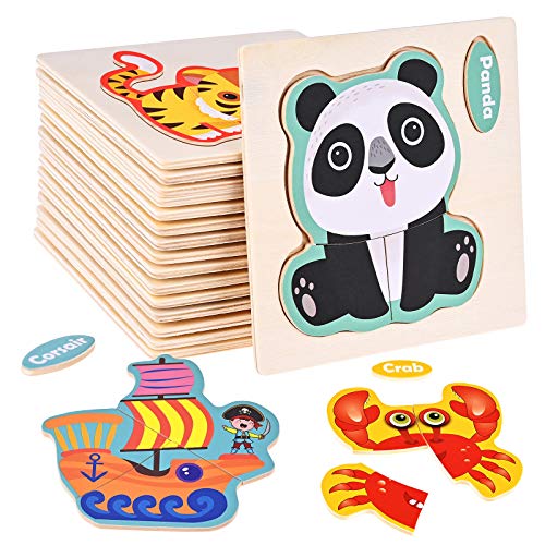 Faburo 16 Puzzles Tiere aus Holz, Baby-Puzzle zum Einbau, Spielzeug Montessori, Lernspielzeug für Kinder 2, 3, 4, 5 Jahre