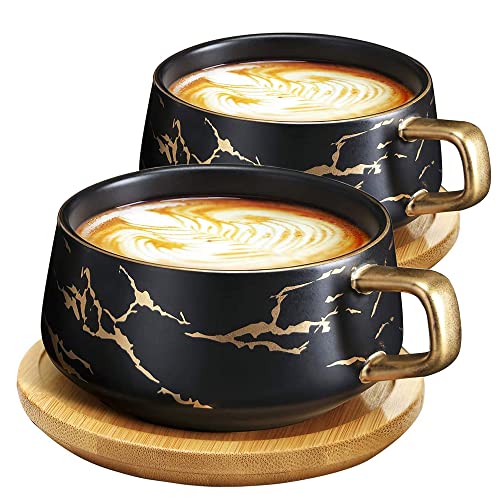 VETIN 2 Stücke Cappuccino Tassen mit Unterteller, Tasse Marmor, 300 ml Espressotassen aus Porzellan für Tee Kaffee Cappuccino, Kaffee-Tassen mit Holzscheibe (Schwarz*2)