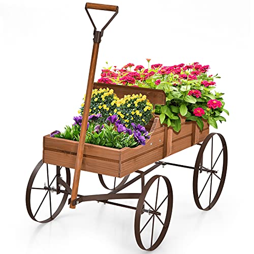 RELAX4LIFE Blumenständer mit 4 Rädern aus Metall, Pflanzwagen aus Massivholz, Holzwagen bis zu 15 kg belastbar, Blumenkasten für Garten & Balkon & Terrasse, Blumenwagen Bollerwagen Deko (Braun)