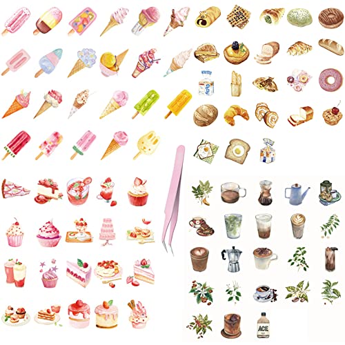 KiKiHong 184 Stück Kawaii Aufkleber, Dekorations Aufkleber, Kuchen Kaffee Brot Eiscreme Thema Aufkleber für Cafés, Handyhüllen, Scrapbooking, mit Pinzette