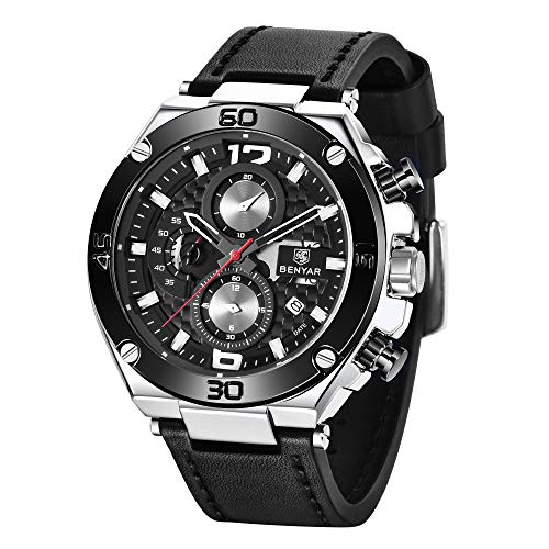 Benyar Herren Uhr Chronographen Analog Quarz wasserdichte Business Sport Design Lederarmband Armbanduhren für Herren Geschenk für Männer