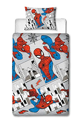 Spiderman Offizieller Bettbezug für Einzelbett, Design graue Stadtlandschaft, wendbar, zweiseitig, Bettbezug mit passendem Kissenbezug