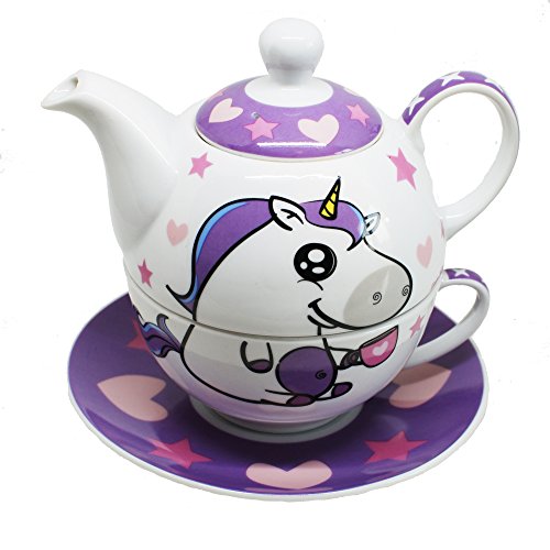 EinhornLiebe® Teekanne mit Tasse Tea for one 4-teiliges Einhorn Teeservice aus Porzellan
