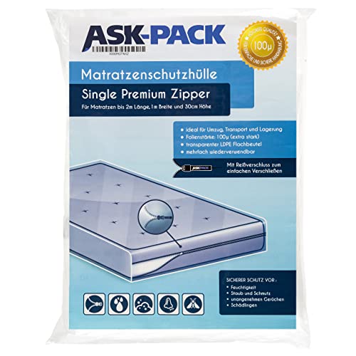 ASK Pack Premium Matratzenhüllen mit REIßVERSCHLUSS - Passgenau – 7 Größen für 90 bis 200 cm breite Matratzen - 100µ bis 140µ Ultra stark - wasserdicht und reißfest - Ideal für Lagerung & Transport
