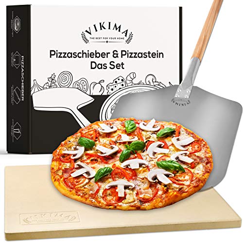 Vikima Pizzastein & Pizzaschieber Set I Pizzastein für Backofen und Gasgrill I XL Pizzaschieber Edelstahl I Backstein für Brot, Flammkuchen und Pizza I Pizza Stone auch für Steinofen