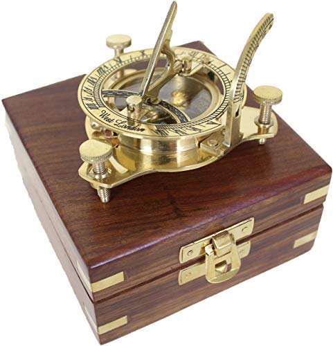 Antik 2000 Funktionsfähiger nautischer Kompass aus Messing mit Sonnenuhr in edler Geschenk Holzbox