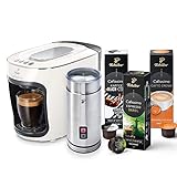 Tchibo Cafissimo mini Kaffeemaschine Kapselmaschine inkl. elektrischer Milchaufschäumer und 30 Kapseln für Caffè Crema, Espresso, Kaffee und Milchspezialitäten, Weiß